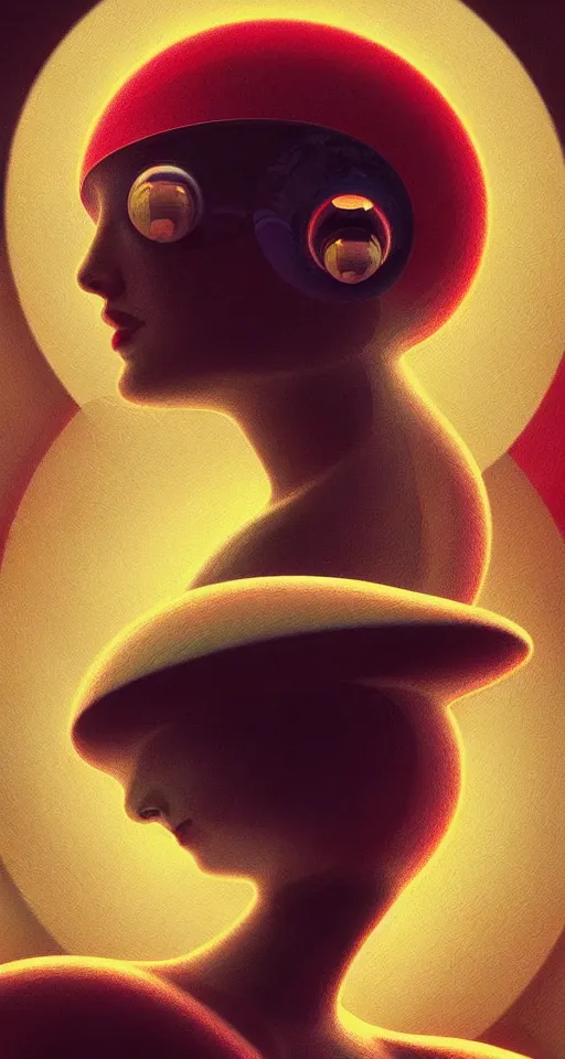 Image similar to art deco close up portait of mushroom head surrounded by spheres, like a dream digital painting cinematic dramatic fluid lines otherworldly vaporwave interesting details rule of thirds epic composition by artgerm