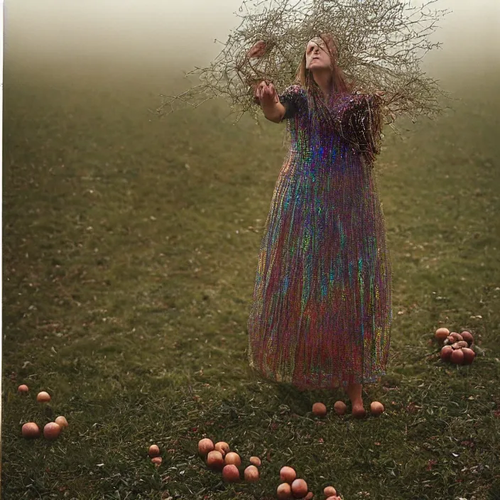 Image similar to a closeup portrait of a woman wearing a dress made of iridescent twine and ribbon, picking pomegranates from a tree in an orchard, foggy, moody, photograph, by vincent desiderio, canon eos c 3 0 0, ƒ 1. 8, 3 5 mm, 8 k, medium - format print