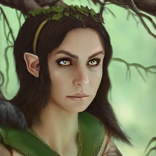 Prompt: anya charlota as a medieval fantasy wood elf, dark brown hair tucked behind ears, wearing a green tunic with a fur lined collar and brown leather armor, stocky, muscular build, scar across nose, one black, scaled arm, cinematic, character art, digital art, forest background, realistic. 4 k