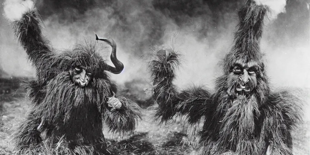 Image similar to 1 9 2 0 s photography of krampus hay monster burning, dolomites