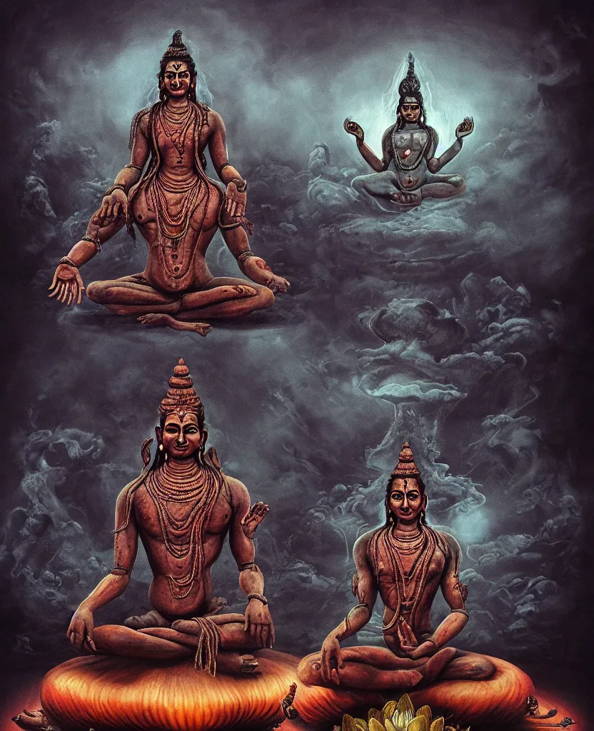 Prompt: One many-armed Shiva sitting in the lotus position. Nuclear mushroom cloud on the background. Dark colors, high detail, hyperrealism, horror art, masterpiece, close-up, zoom, concept art, octane render, biopunk, body-horror, ceremonial portrait, solo, macrophoto, art