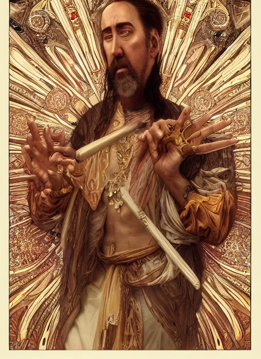 Image similar to Nicolas Cage as God of Beauty, brutal, fantasy, intricate, elegant, highly detailed, digital painting, 4k, HDR, concept art, smooth, sharp focus, illustration, art by alphonse mucha,artgerm, H R Giger