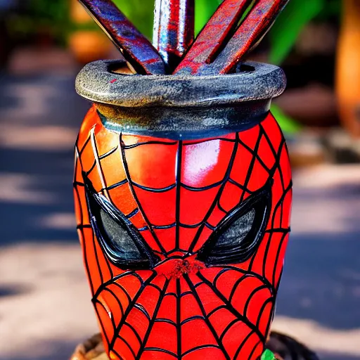 Image similar to a closeup photorealistic capture of glossy spider man style tiki mug at an outdoor trader vic's bar featuring the face of spider man. tiki theme. bright scene. fine detail. this 4 k hd image is trending on artstation, featured on behance, well - rendered, extra crisp, features intricate detail, epic composition and the style of unreal engine.