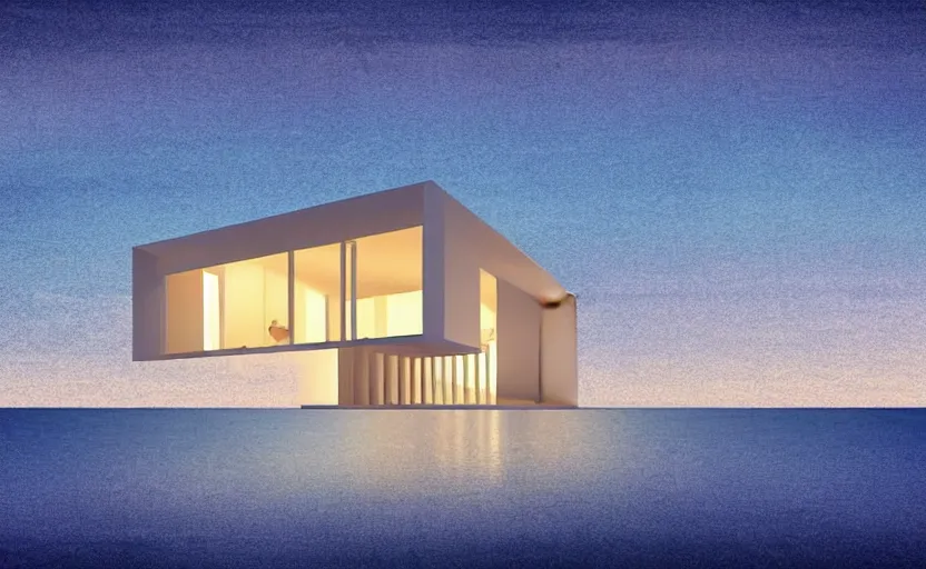 Prompt: one single stand alone huge hyperdetailed minimalist home, seen from the long distance, at night. by the sea. maximalist unexpected elements. free sky in plain natural warm tones. 8 x 1 6 k hd mixed media 3 d collage in the style of a childrenbook illustration in pastel tones. matte matte background. no frame hd