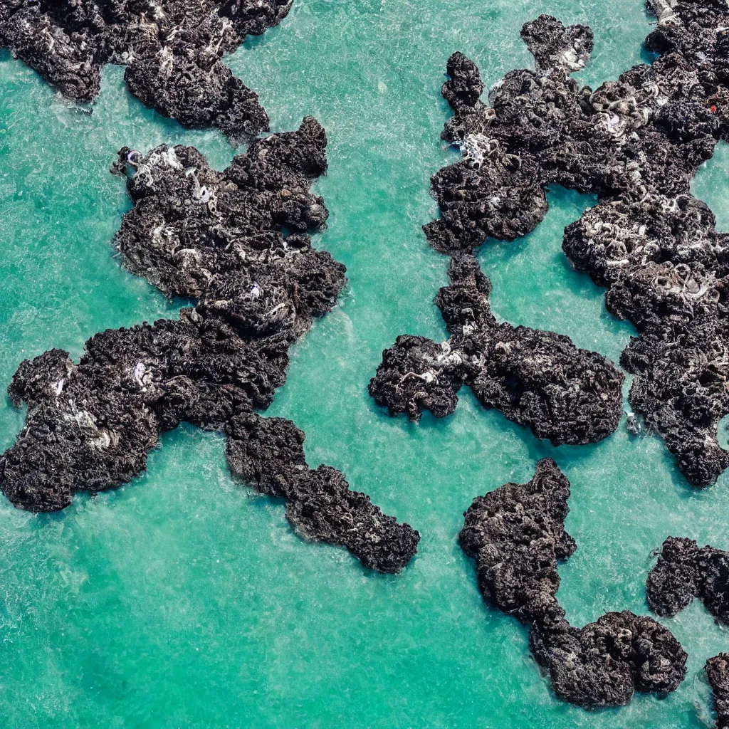 Image similar to birds eye view tide pools, clear pools of water with swirling sea foam, dark black smooth obsidian boulders, floating kelp, small fishes, octopus