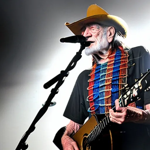 Prompt: willie nelson on stage, four fingers holding guitar. god rays through fog.