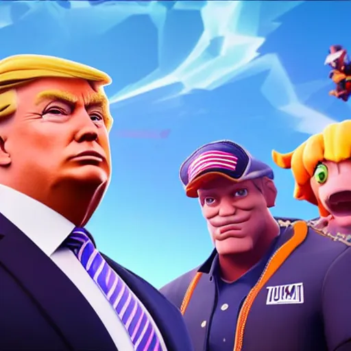 Image similar to Donald trump in Fortnite game, realistic artstyle, wide shot, dramatic lighting, octane render, hyperrealistic, high quality, highly detailed, HD, beautiful, cinematic, 8k, unreal engine, facial accuracy, symmetrical