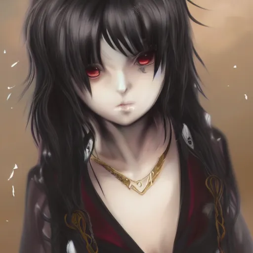 Image similar to headshot of a young gothic anime woman with black hair and golden highlights, wearing a black necklace and with pretty makeup, drawn by WLOP, by Avetetsuya Studios, anime drawing, trending on artstation