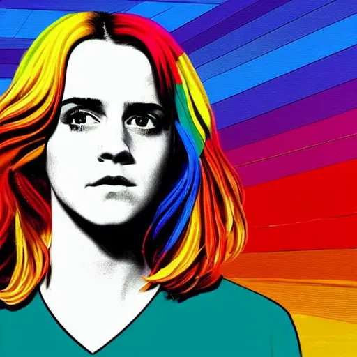 Prompt: rainbow emma watson as hermione. pop art.