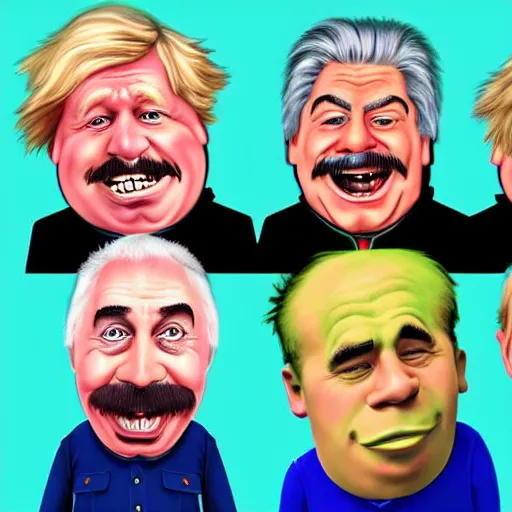 Image similar to boris johnson, stalin, shrek, joe baiden running in a spot. detailed high quality caricature