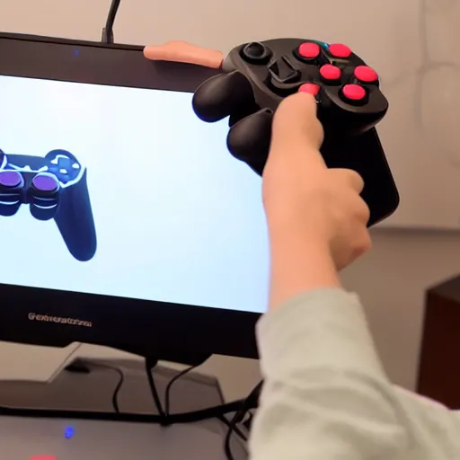 Prompt: a controller using a human as a controller to play a video game