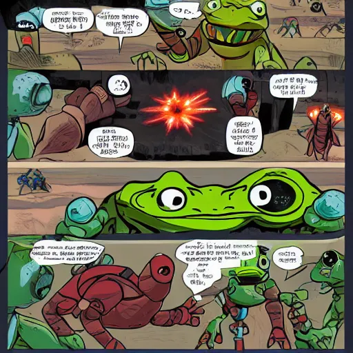 Image similar to frog-people battling martians, epic battle, red planet, laser weapons,