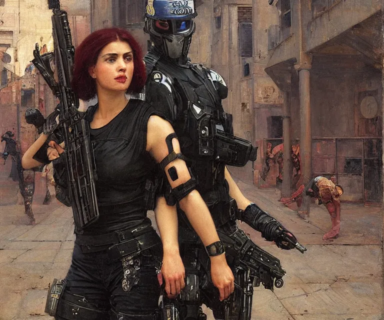 Image similar to Sonya evades sgt Nash. Cyberpunk hacker escaping Menacing Cyberpunk police trooper wearing a combat vest. (dystopian, police state, Cyberpunk 2077, bladerunner 2049). Iranian orientalist portrait by john william waterhouse and Edwin Longsden Long and Theodore Ralli and Nasreddine Dinet, oil on canvas. Cinematic, vivid colors, hyper realism, realistic proportions, dramatic lighting, high detail 4k