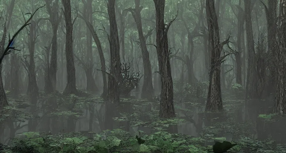 Image similar to A dense and dark enchanted forest with a swamp, from Starcraft