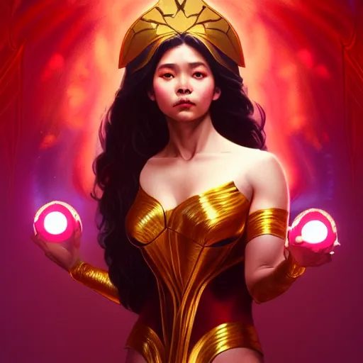 Image similar to kathlyn bernardo as darna, volumetric lights, red and cyan theme, art nouveau botanicals, intricate, highly detailed, digital painting, artstation, concept art, smooth, sharp focus, cinematic, illustration, beautiful face, art by artgerm and greg rutkowski and alphonse mucha