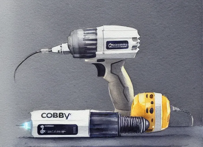 Image similar to concept art of a electril drill tool, pinterest, artstation trending, behance, watercolor, by coby whitmore, silver, laser light,