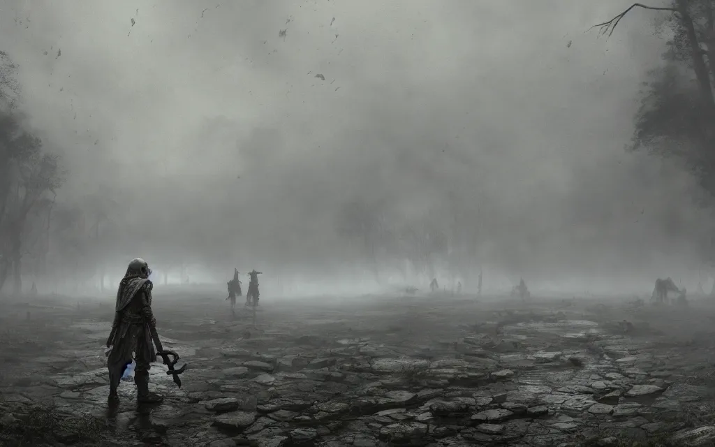 Prompt: stoneage shrouded in fog, gloomy sky, faint light behind the clouds, skulls on the ground, puddles of water, highly detailed, cinematic lighting, perfect composition, 4 k, gustave dore, derek zabrocki, greg rutkowski, belsinski, octane render, dark fantasy, artem demura