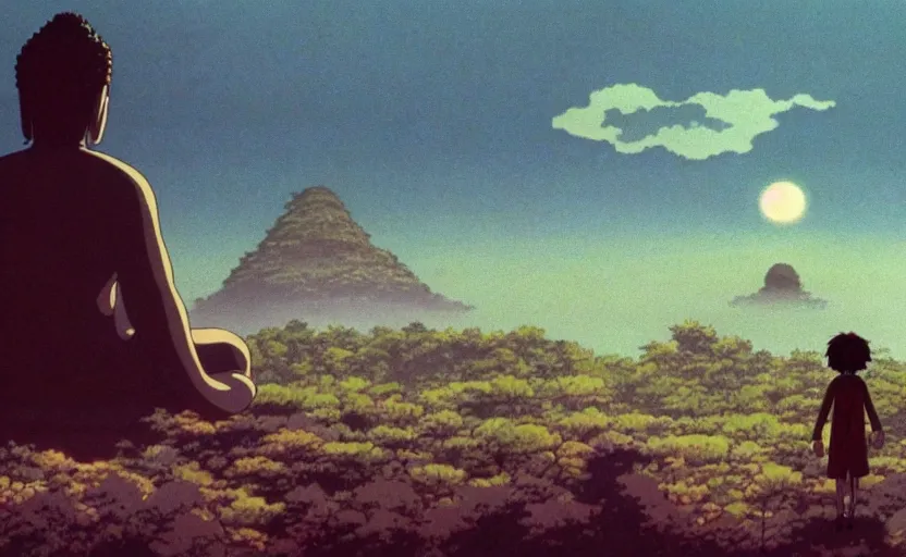 Image similar to movie still from studio ghibli movie showing a highly detailed landscape with a giant buddha walking through a valley. a ufo is in the sky. 1 9 8 0's science fiction, 1 9 7 0's science fiction, misty, depth perception, 4 k