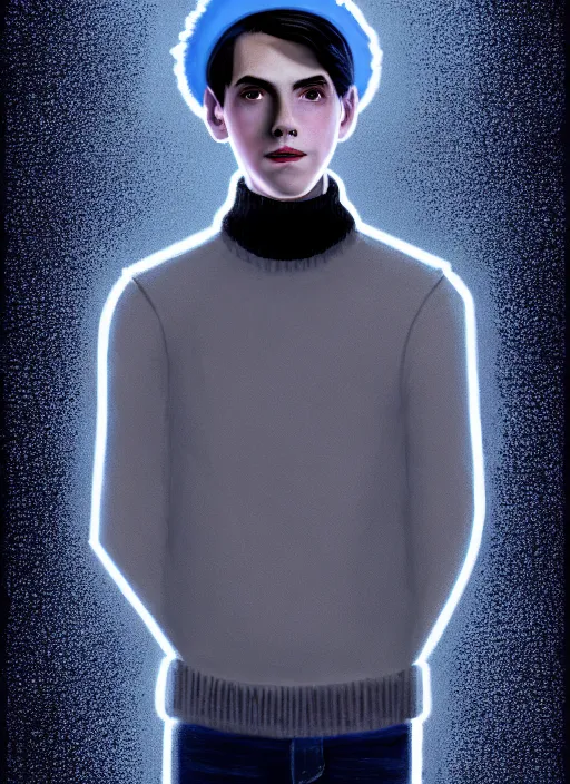 Image similar to portrait of teenage jughead jones wearing a light grey crown, crown, blue turtleneck, 1 9 5 0 s, closed eyes, photorealistic, black hair, glowing lighting, intricate, elegant, glowing lights, highly detailed, digital painting, artstation, concept art, smooth, sharp focus, illustration, art by wlop, mars ravelo and greg rutkowski