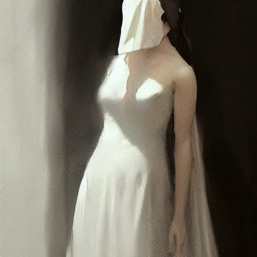 Image similar to A girl wearing a white dress and a black veil, hugging herself in a corner of a dark room hiding from demons by Greg Rutkowski, realism, trending on Artstation