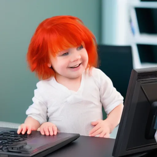 Prompt: red-haired toddler at a desktop computer