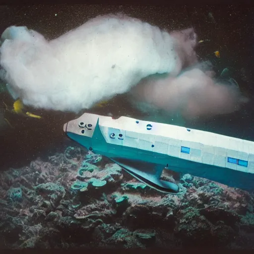 Image similar to dreamlike film photography of a 1920s wooden space shuttle at night underwater in front of colourful underwater clouds by Kim Keever. In the foreground floats a seasnake. low shutter speed, 35mm