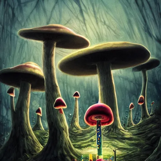 Image similar to a centered chest up portrait of a psychedelic demonic anthropomorphic mushroom smoking a hand - rolled cigarette smoking heavily, magic mushroom village in background. award winning. superb resolution. in the art style of junji ito and greg rutkowski. detailed mushroom city in background. hyper realistic anime. perfect art. dalle 2