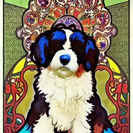 Image similar to cute, pop art style bernedoodle, watercolor painting, by alphonse mucha and william morris