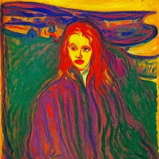 Prompt: queen of the dreamlands, beautiful! coherent! by edvard munch, deep colors, strong lines, high contrast