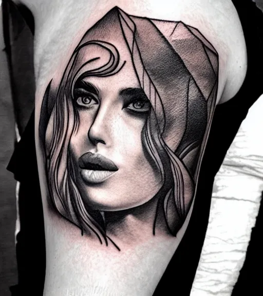 Image similar to amazing blend effect of beautiful mountain scenery with a beautiful woman face, tattoo design sketch, hyper - realistic, in the style of matteo pasqualin, amazing detail, black and white