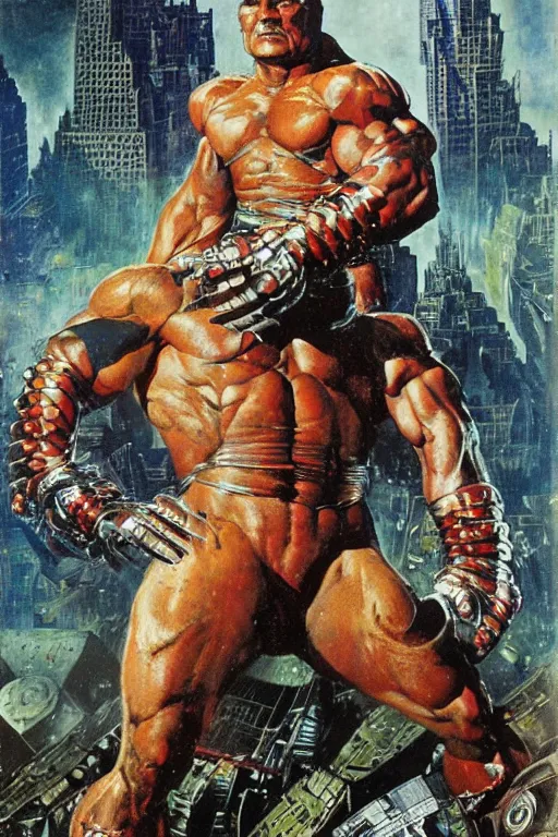 Prompt: full length portrait of mariusz pudzianowski as an armoured hulking marvel villain fighting extraterrestrial invaders in new york, dynamic action, by lawrence alma tadema and zdzislaw beksinski and norman rockwell and jack kirby and tom lovell and greg staples and michael alford