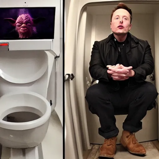 Image similar to elon musk sitting on toilet, but elon musk is yoda seat