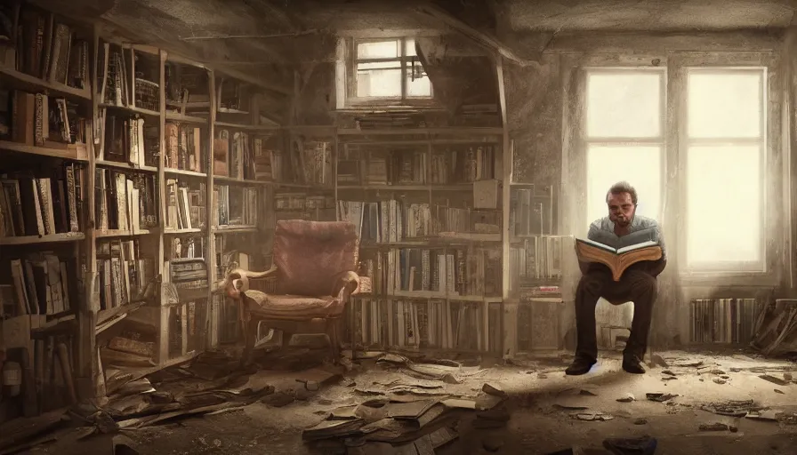 Image similar to Man reading books on a chair in an abandoned attic with a old wooden shelf of books, a lot of cobwebs and dust, hyperdetailed, artstation, cgsociety, 8k