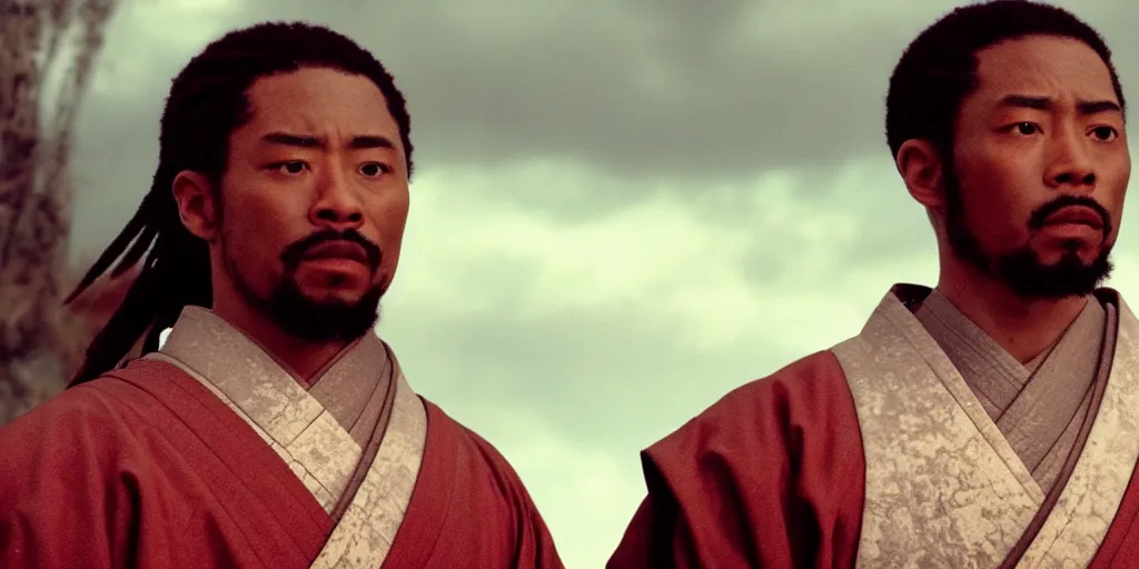 Prompt: a film still of a light skinned black man starring as an ancient samurai in a japanese blockbuster film, the sky is red, shallow depth of field, cinematic, award winning cgi, vfx, film still