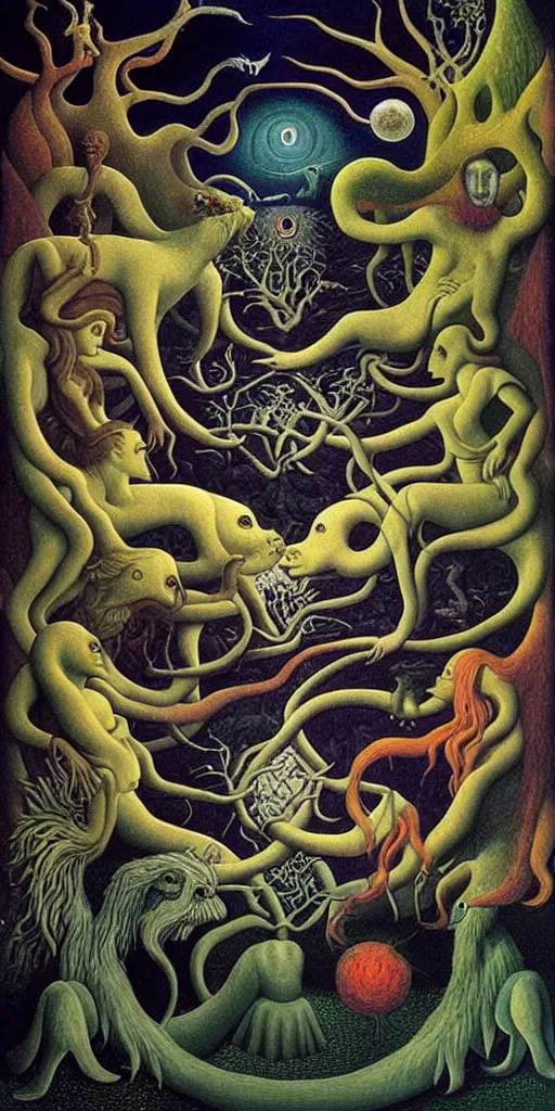 Prompt: mythical creatures and monsters in the visceral heart imaginal realm of the collective unconscious, in a dark surreal painting by johfra, mc escher and ronny khalil