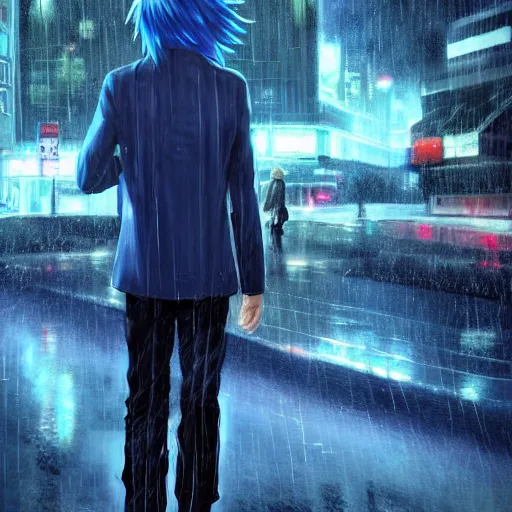 Image similar to a blue haired boy standing in the rain. character design. gesture drawing. line of action. official art, concept art. tetsuya nomura. final fantasy. shigenori soejima ray tracing hdr. 8 k. uhd. sharp focus. close up. highly detailed. masterpiece. cinematic lighting..