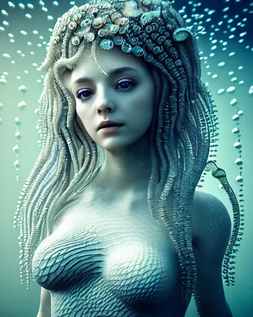 Prompt: surreal mythical dreamy underwater artistic bw fine art photo of a beautiful young female angelic - medusa - cyborg covered with fish scales and algae, highly detailed, intricate crystal ivy jelly fish scales ornate, poetic, octane render, 8 k, photo - realistic