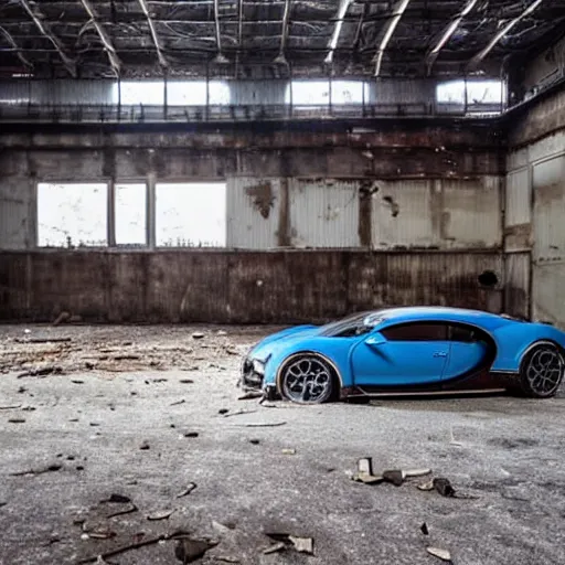 Image similar to an abandoned, derelict, ( really rusty ) bugatti chiron in a dirty warehouse