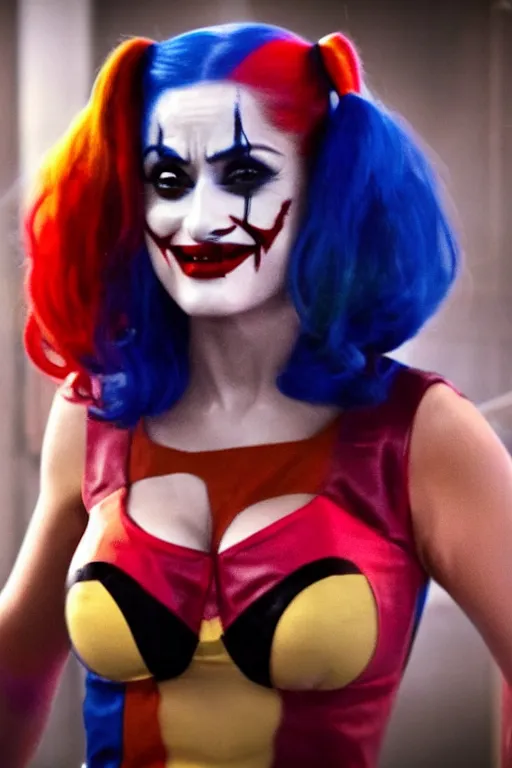 Image similar to film still of Salma Hayek as Harley Quinn in Joker, 4k