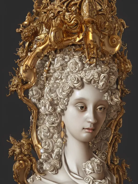 Image similar to a beautiful render of rococo catholic princess sculpture with symmetry intricate detailed,by Nekro and aaron horkey and peter gric and Cedric Peyravernay and Billelis,Trending on artstation,ZBrush,masterpiece,maximalist,glittering,gold,silver，ivory,hyperreal