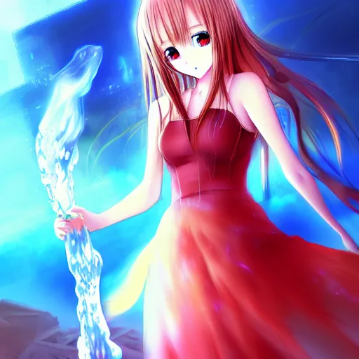 Image similar to advanced digital anime art, a very cute gorgeous teenage girl made of fire and ice with red fiery watery eyes glancing over her left shoulder wearing a dress made of water is standing in an apocalyptic burning city, full body, full round face, dramatic cinematic lighting, highly intricately detailed, medium shot, mid-shot, trending on pixiv, Artstation, Sakimimichan