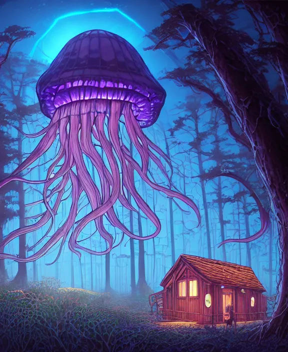 Image similar to an enormous schoolhouse made from jellyfish, overgrown with huge bioluminescent exotic fungus, deep in the woods, noon, sun drenched, partly cloudy, by dan mumford, yusuke murata, makoto shinkai, ross tran, cinematic, unreal engine, cel shaded, featured on artstation, pixiv