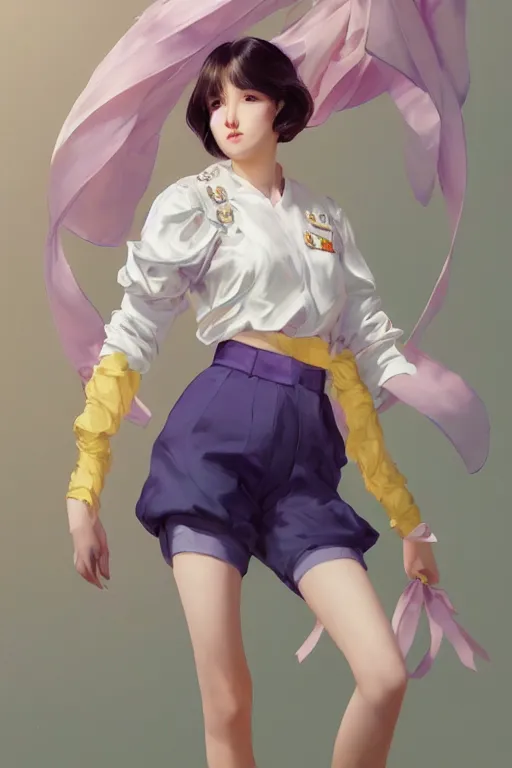 Image similar to Full View of Eunha from Viviz and gFriend with short hair wearing a purple military uniform and puffy silk shorts, white leggings, Golden Ribbon, and a billowy scarf. Rhythmic gymnastics poses. masterpiece 4k digital illustration by Ruan Jia and Mandy Jurgens and Artgerm and greg rutkowski and WLOP, award winning, Artstation, art nouveau aesthetic, Alphonse Mucha background, intricate details, realistic, panoramic view, Hyperdetailed, 8k resolution, intricate art nouveau