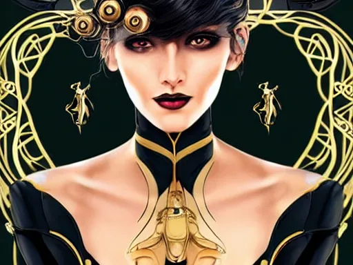 Image similar to beauty art nouveau woman, black and gold robotic, trending on artstation, by Artgerm