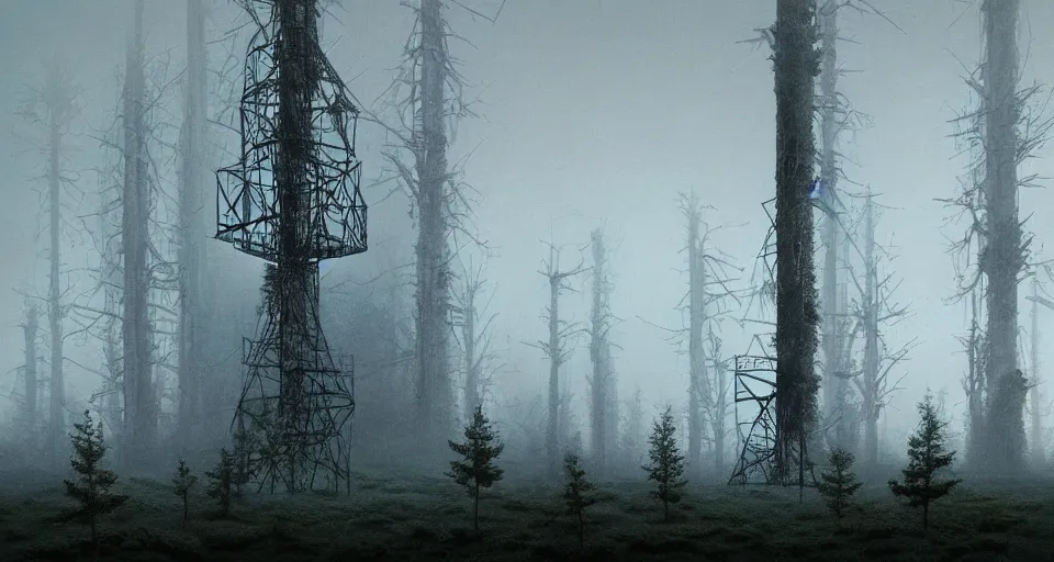 Image similar to Derelict Radio Tower in a pine forest landscape, very foggy and hazy, rendered by zdzisław beksiński, simon stålenhag, Beeple, environment concept, digital art, starwars, unreal engine, 3 point perspective, WLOP, trending on artstation, low level, 4K UHD image, octane render,