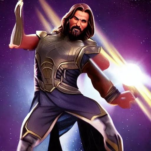 Image similar to Jesus playing Thanos in avengers, cinematic lighting