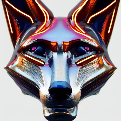 Image similar to chrome fox, glossy, metallic, neon, symmetrical, tribal patterns, realistic, unreal engine, octane, redshift, artstation, behance