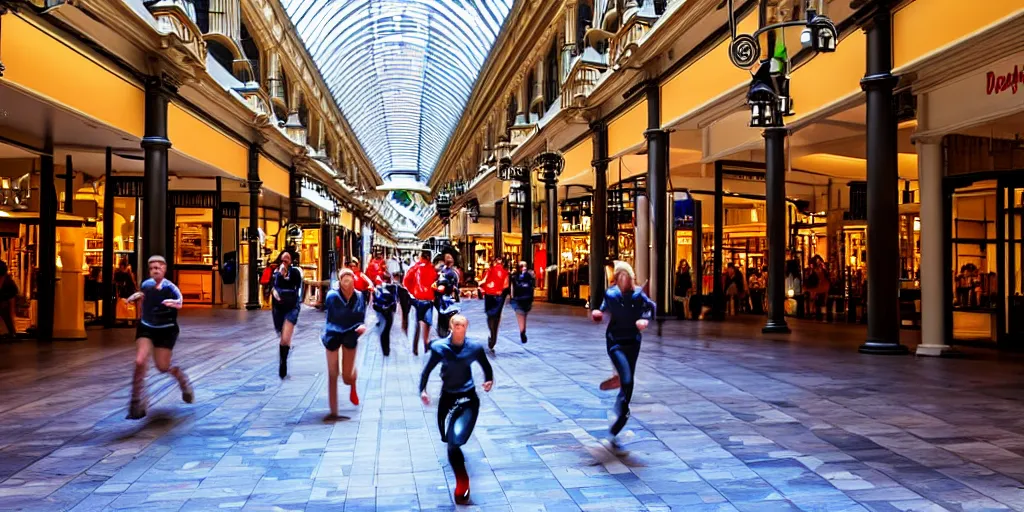 Image similar to A photo of robots running through Adelaide Arcade in Adelaide, Australia, High detail, realistic photo