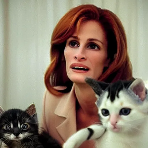 Prompt: julia roberts!! as dana scully, rescuing kittens, movie still