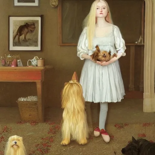 Image similar to Elle Fanning and a Yorkshire terrier, extremely detailed masterpiece, illustration, by Michael Sowa,